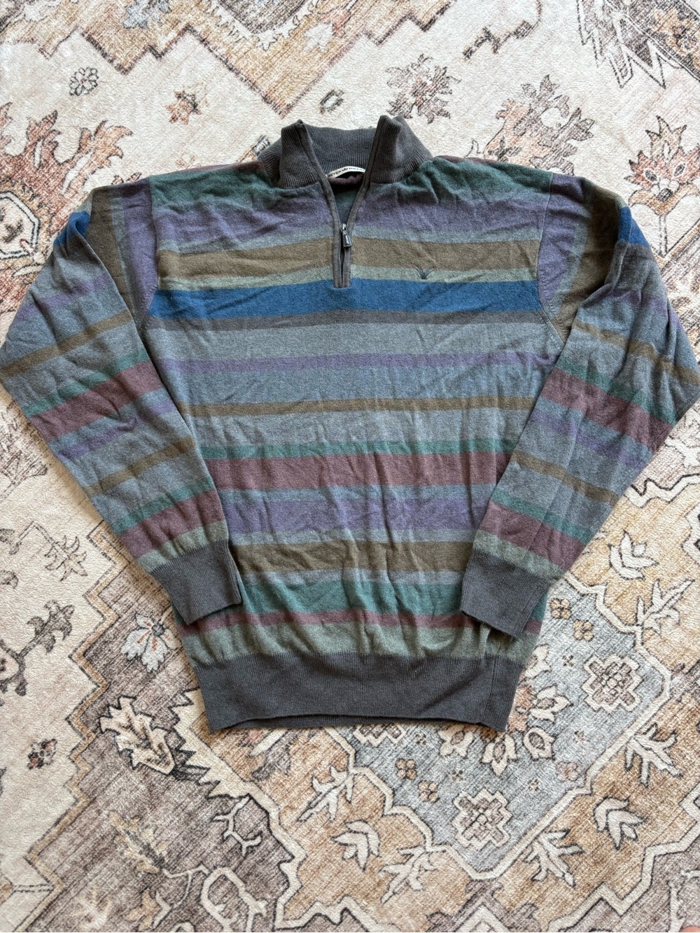 Peter Millar Men's wool/cashmere Striped Quarter-Zip Sweater - Gray/Blue/Tan